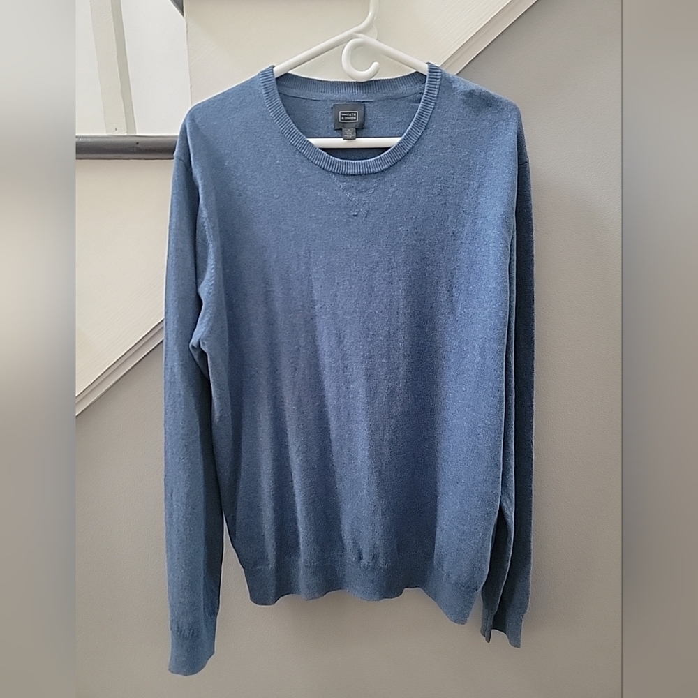 14th & Union  Mens Cashmere Cotton Sweater Pullover Blue Solid L Preppy Grandpa